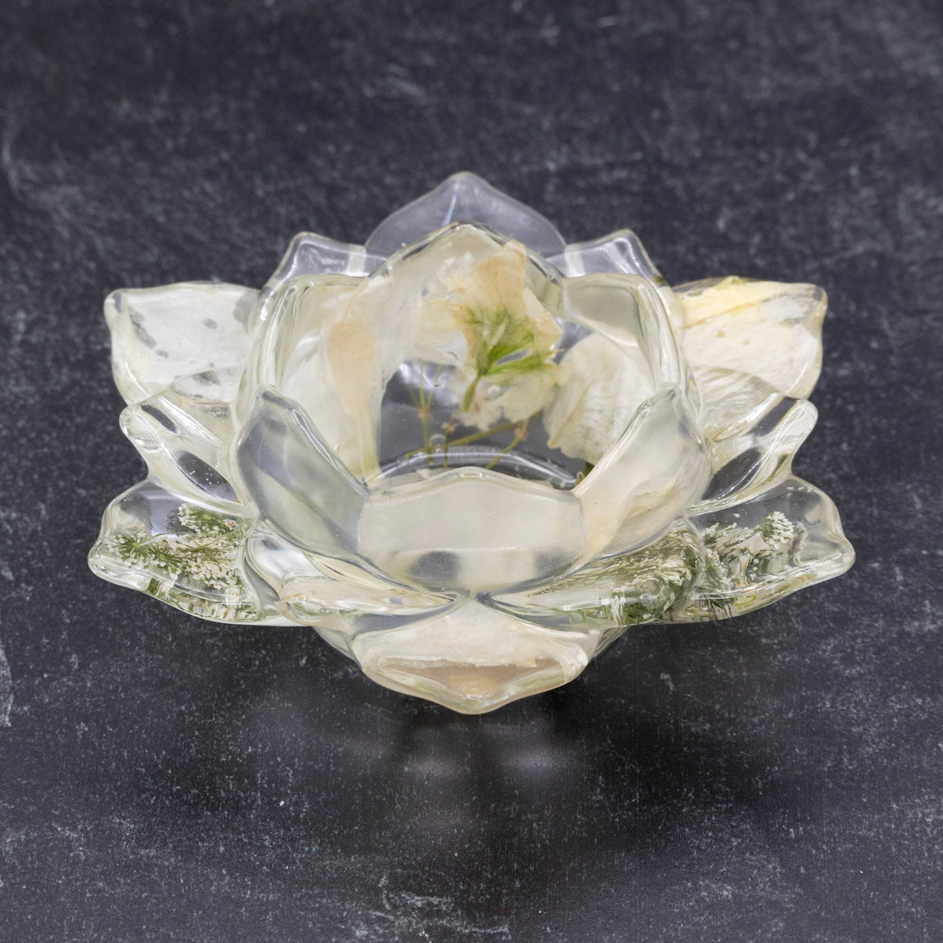 White bouquet preservation jewelry dish for countertop