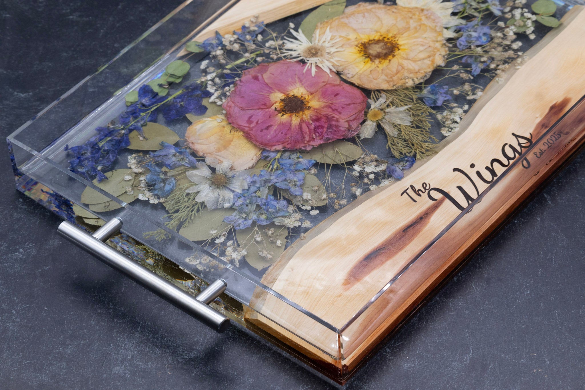 Flower Preservation Charcuterie Board Wood in Resin Pressed Flower Cheese Board Engraved Wedding Vow Bouquet Preservation Large Serving Tray