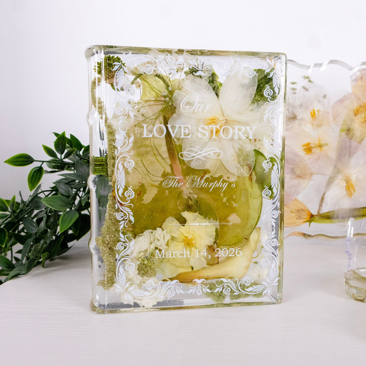 preserved green anthurium in resin book block with text personalization for book lover