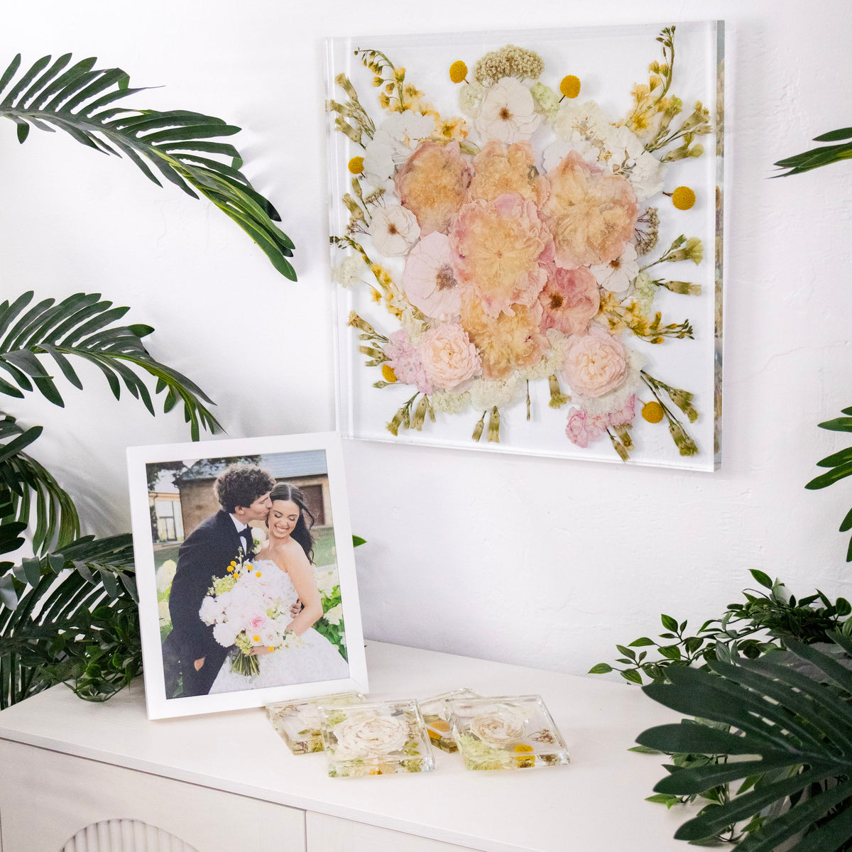 Madi Mathis Bouquet Preservation 18x18 inch resin wall decor pressed flowers and square coasters