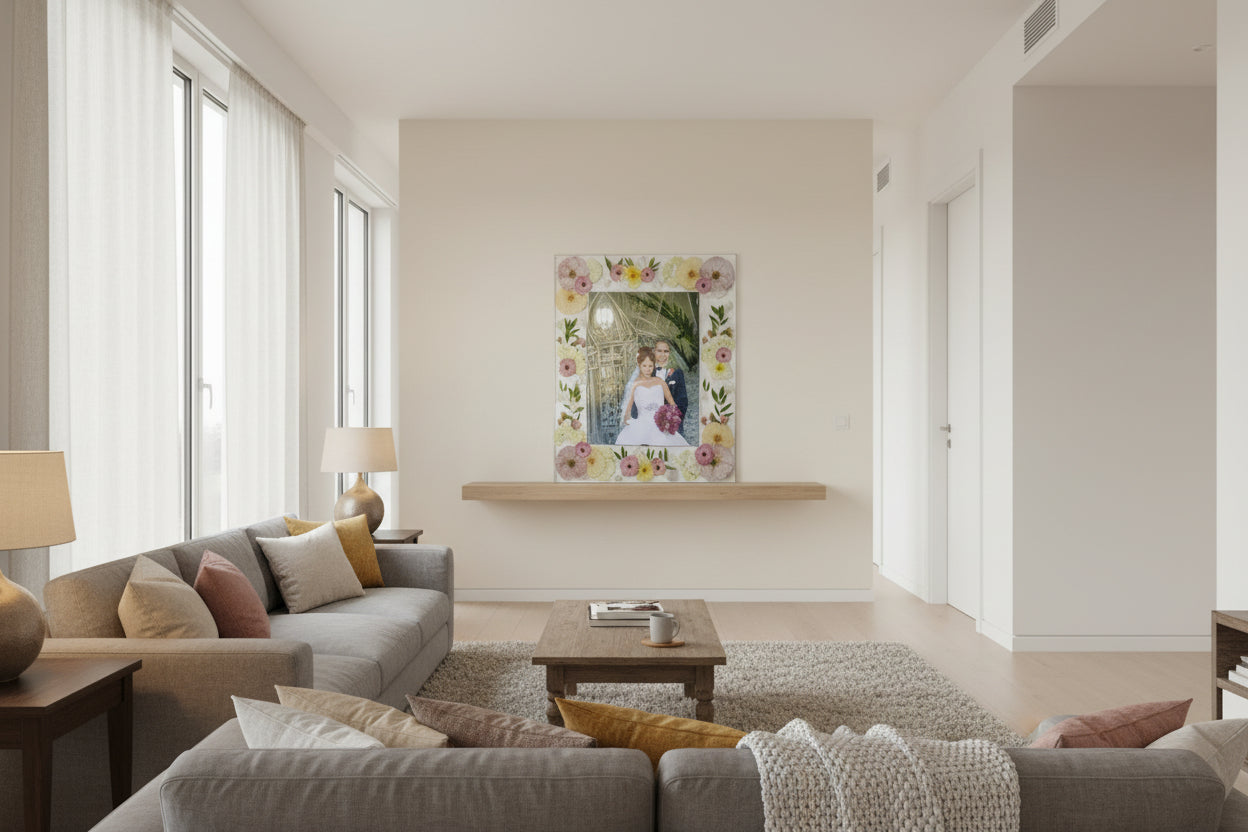 Floral preservation resin photo frame with a wedding couple inside in a cozy living room