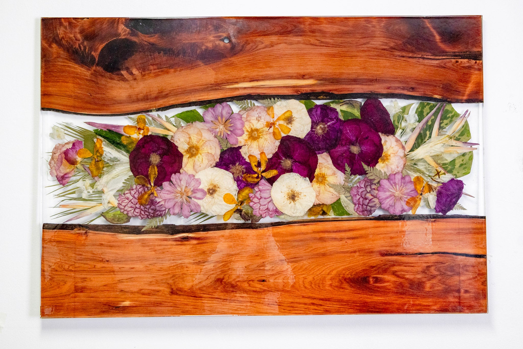 Large resin wall decor 40x27 live edge wood and pressed flower wall art 