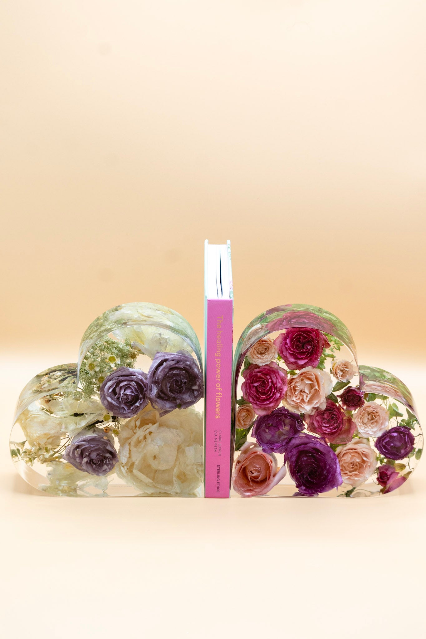 9" Preserved Flower Heart Bookends