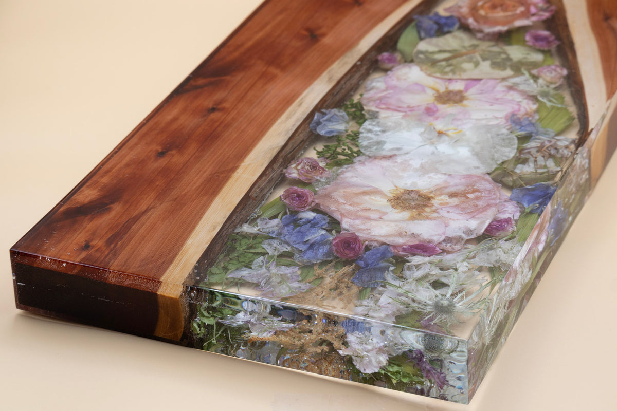 Mahogany Serving Board with Live Edge Wood and Real Flowers encased in Resin