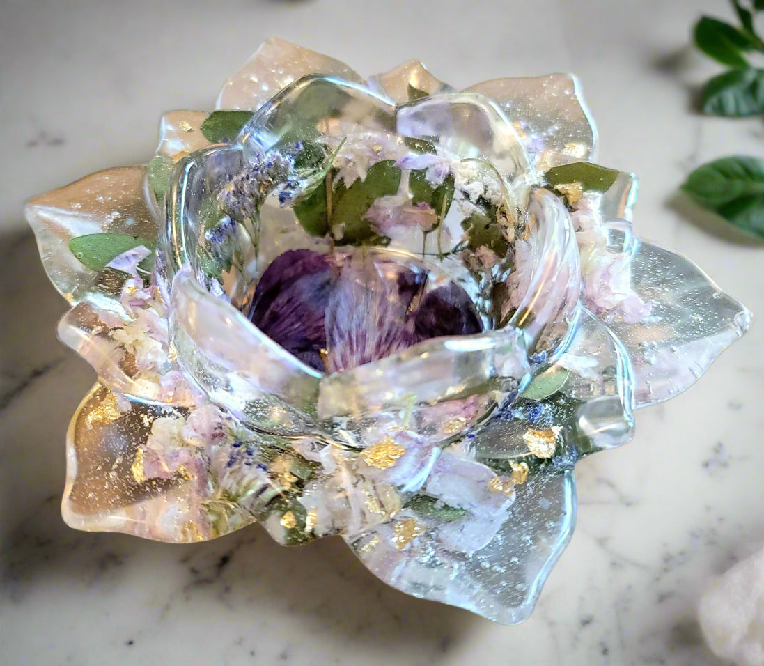 Preserved flower lotus ring bowl with 5-inch diameter showing jewelry cup and tealight holder functionality