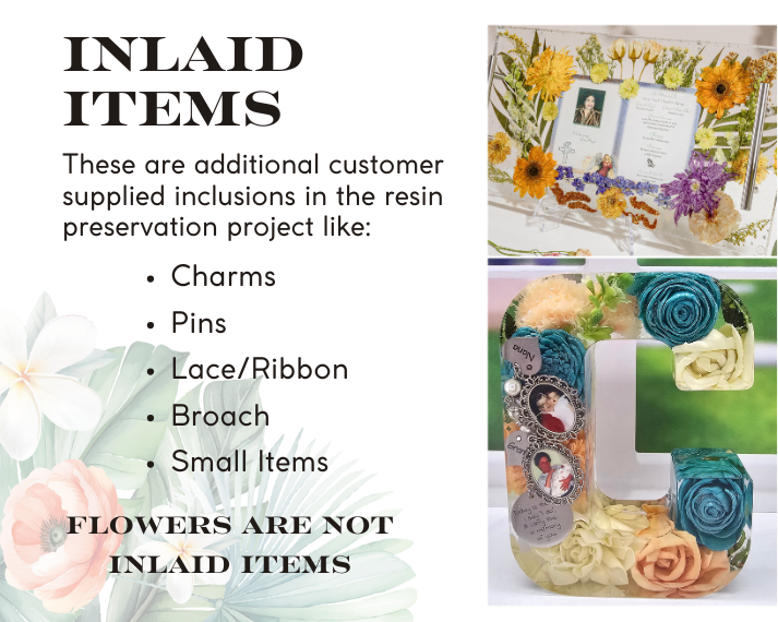 Collage of inlaid items including charms, pins, lace, ribbon, brooches, and small items with text explaining what is included in a resin preservation project.