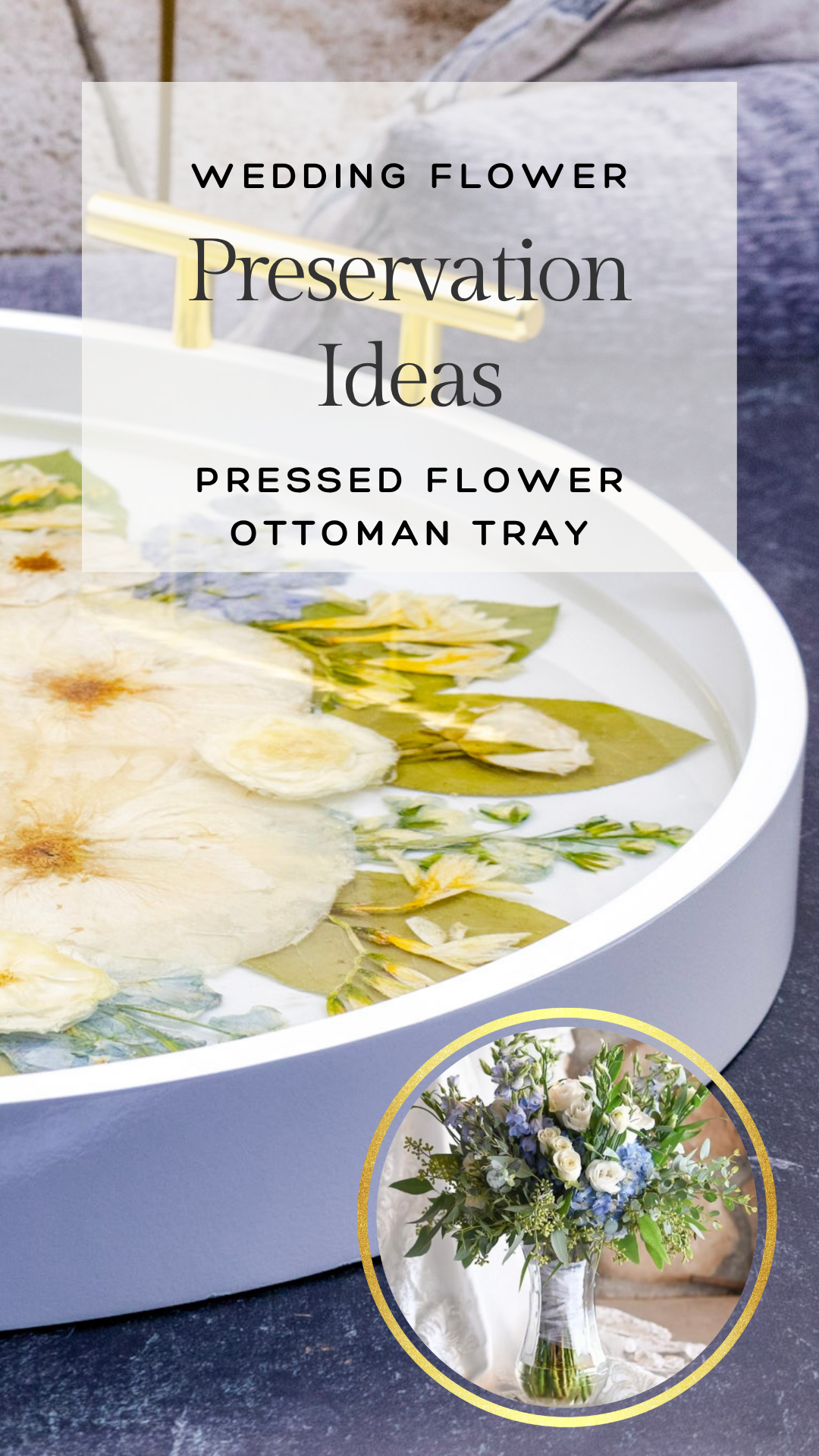 Wedding flower preservation ideas with a pressed flower ottoman tray and a small inset image of wedding bouquet of flowers.