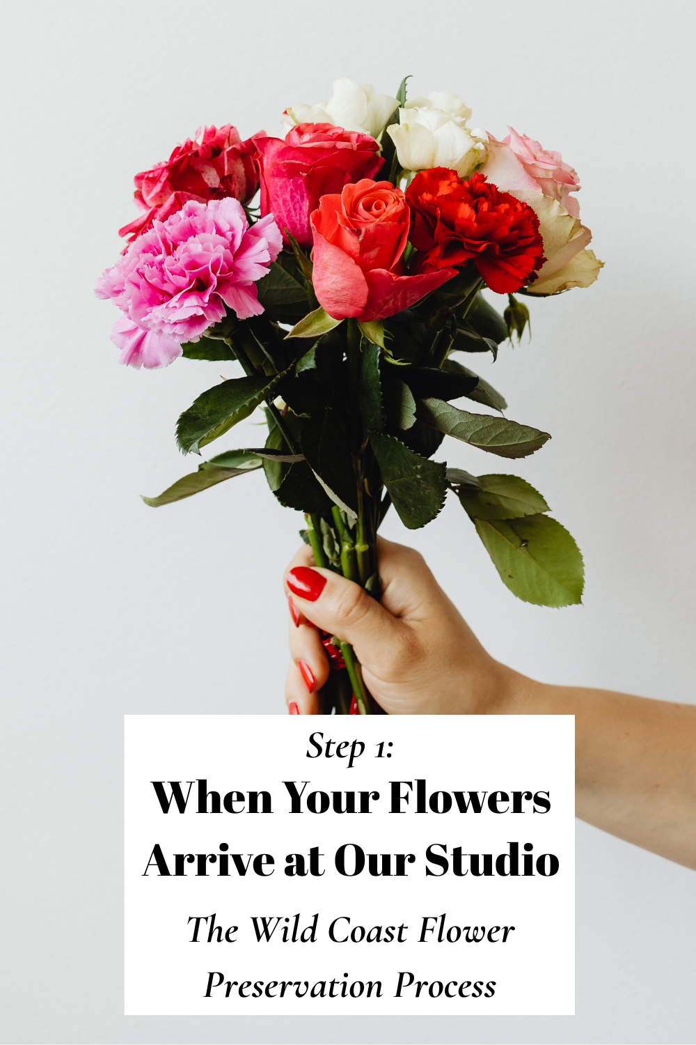 Bouquet of flowers held by a hand with text overlay on a white background