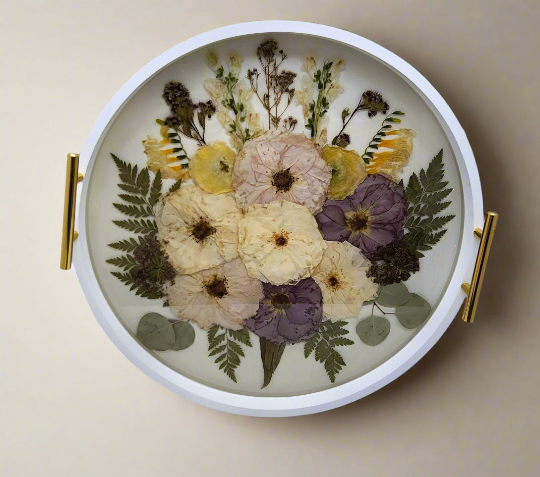 Circle Resin Flower Tray Wedding Flower Preservation Tray Pressed Flower Ottoman Tray Preserved Flower Serving Tray Resin Wood Round Tray
