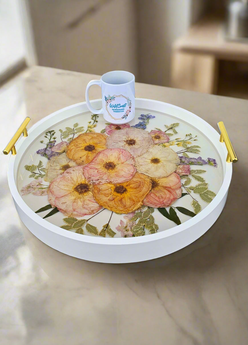 Circle Resin Flower Tray Wedding Flower Preservation Tray Pressed Flower Ottoman Tray Preserved Flower Serving Tray Resin Wood Round Tray