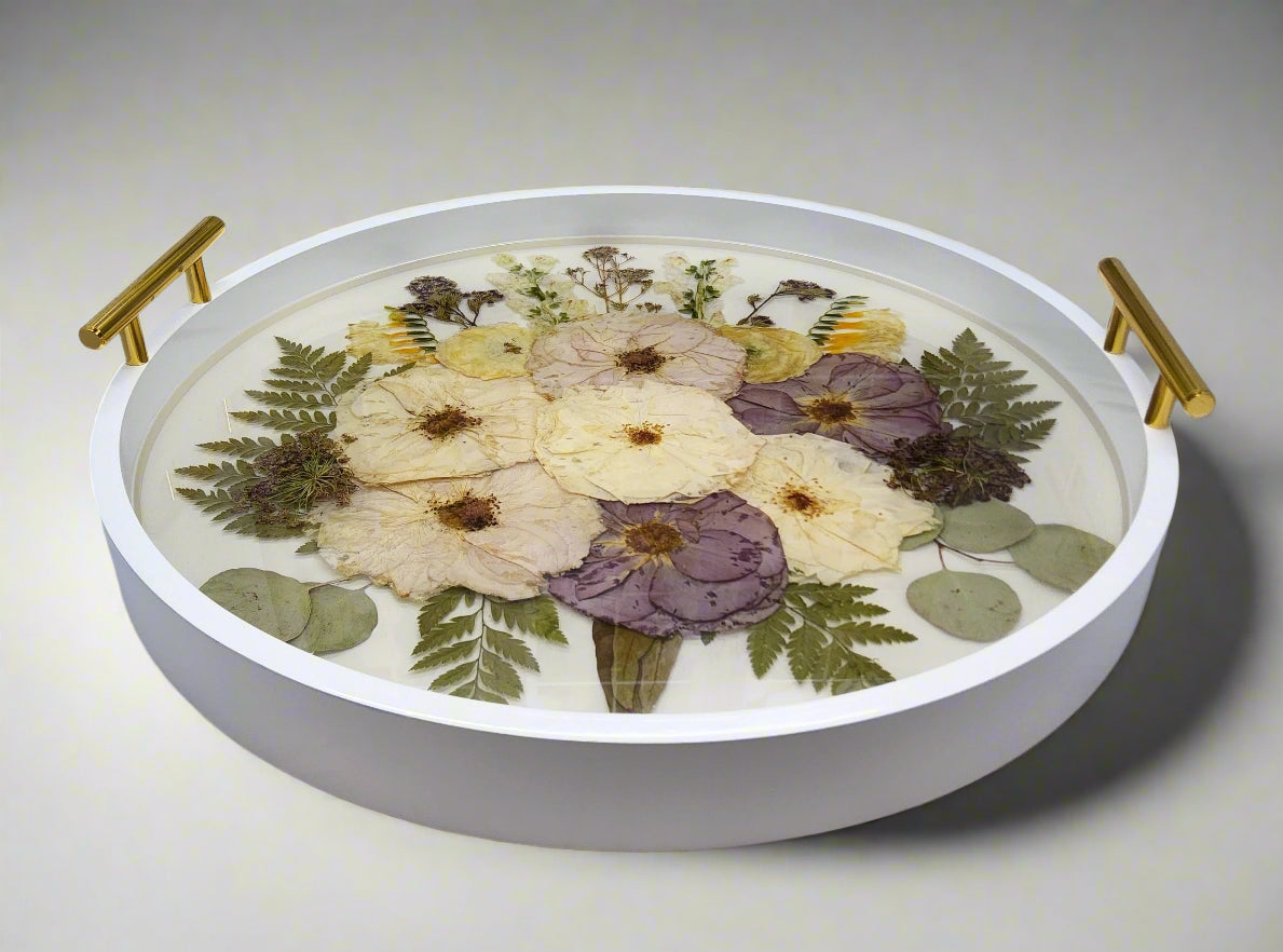 Circle Resin Flower Tray Wedding Flower Preservation Tray Pressed Flower Ottoman Tray Preserved Flower Serving Tray Resin Wood Round Tray