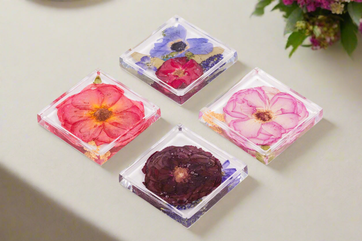 set of 4 square coasters with pressed flower bouquet preservation