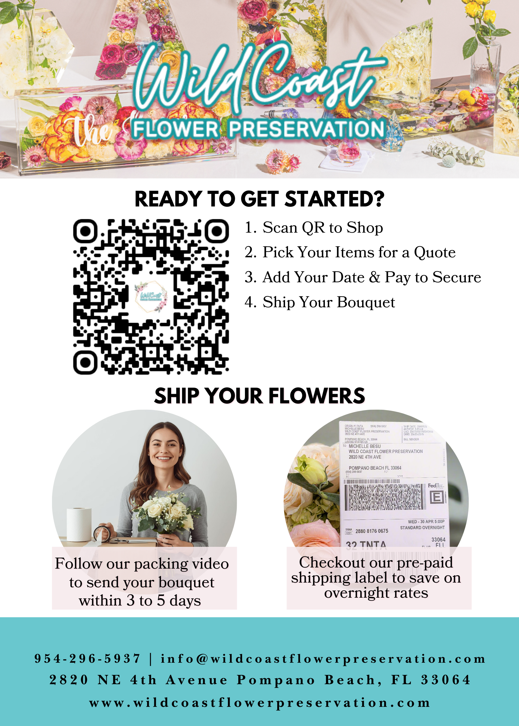 Promotional flyer for Wild Coast Flower Preservation with QR code and contact information.