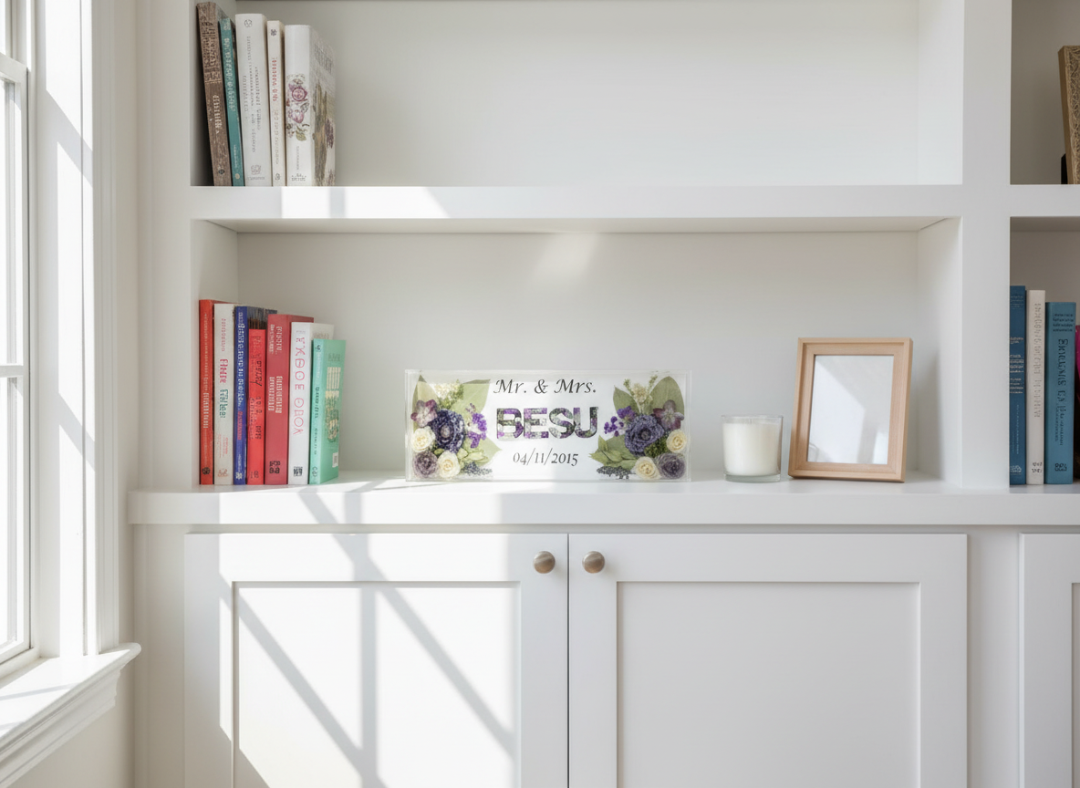 White bookshelf with books, decorative flower preservation keepsake, and a framed photo.