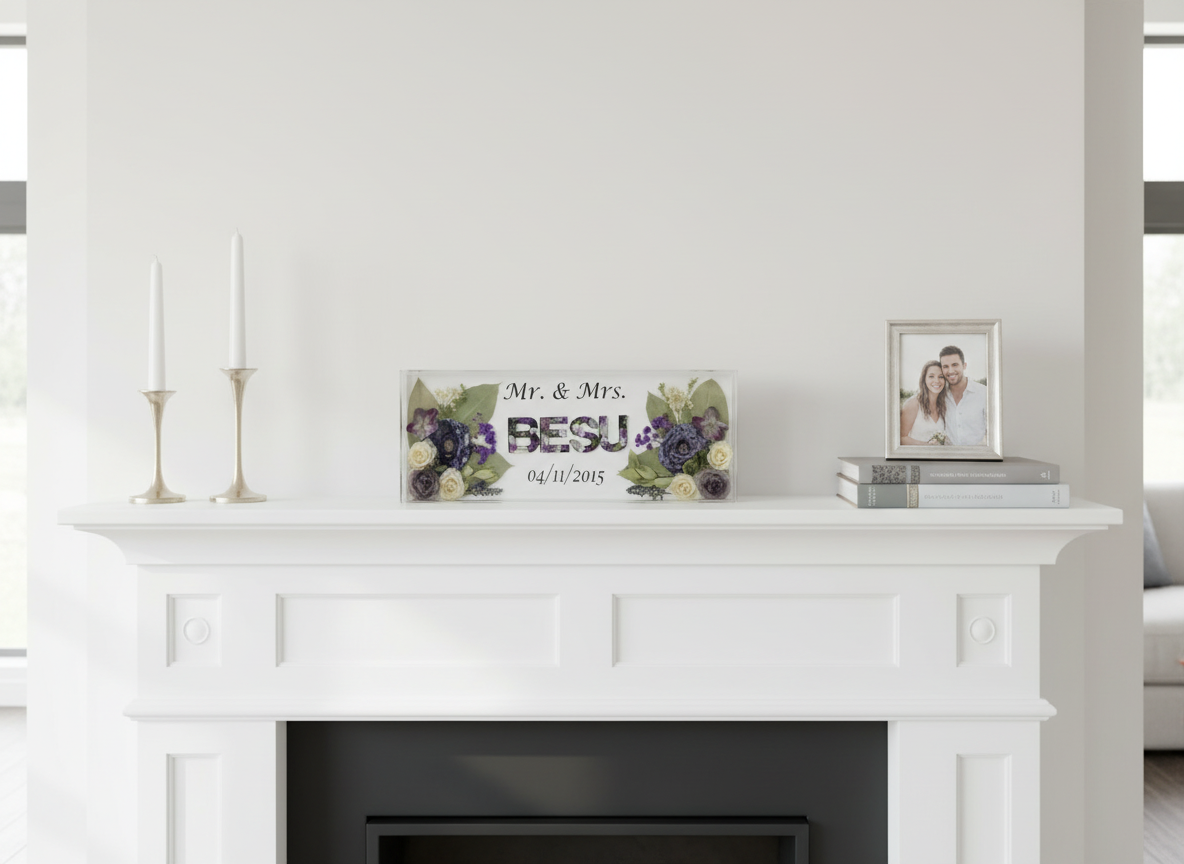 White fireplace mantel with Wedding Flower Preservation New Home Decor 