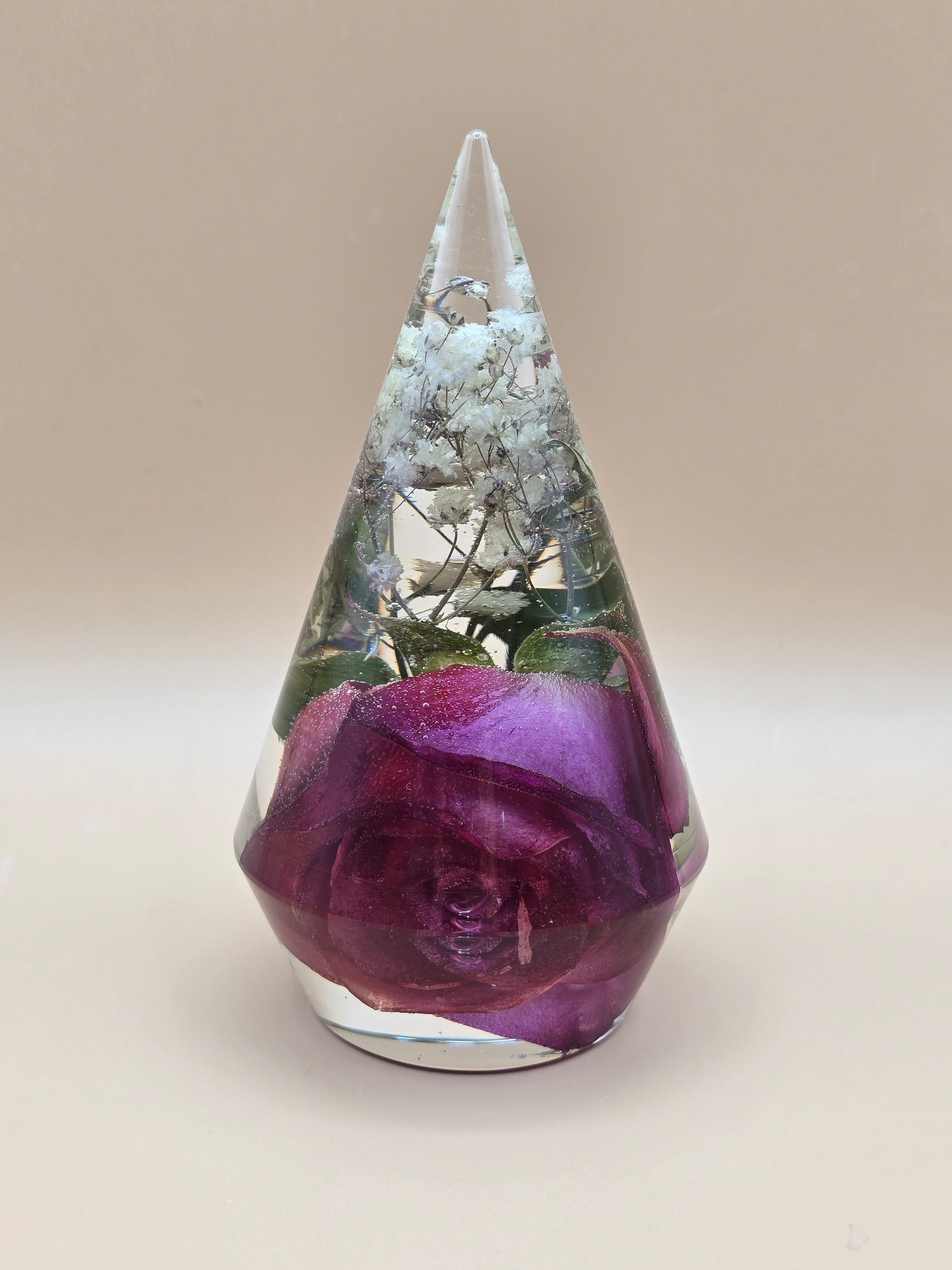 Premade 6-inch preserved flower ring holder with pink and orange rose and baby’s breath in crystal-clear resin. Holds 7 rings. Ready-to-ship gift.