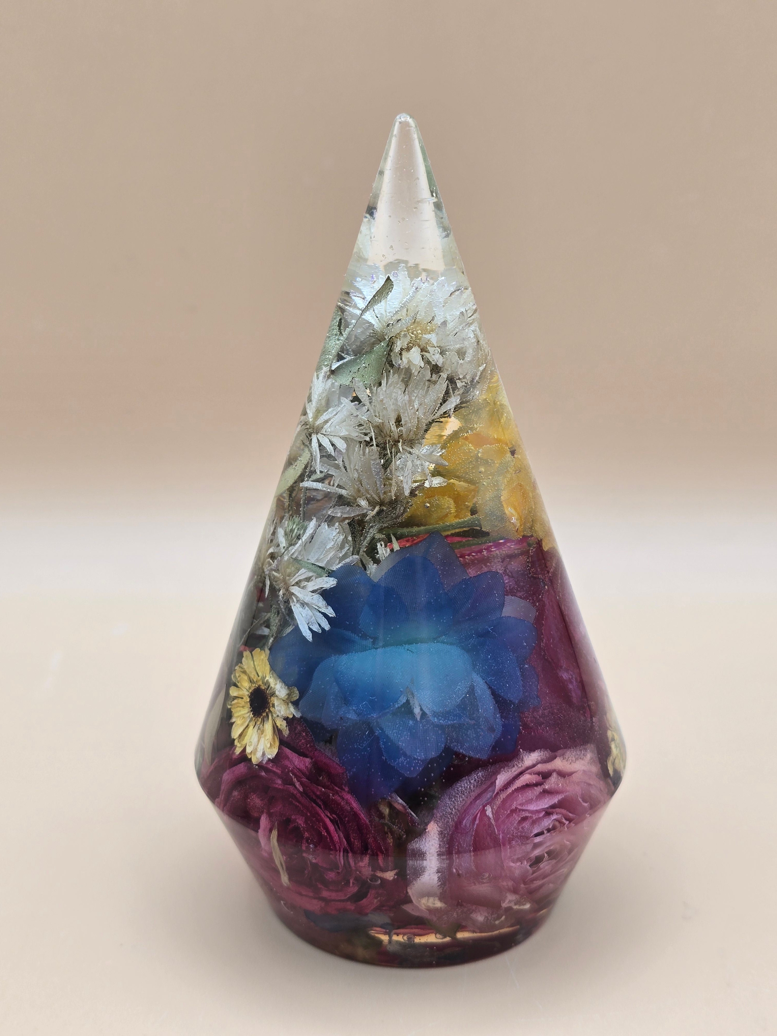 Pink rose and blue flower preserved flower ring holder with whole blooms in crystal-clear resin. Holds up to 7 rings. Ready-to-ship jewelry display and gift.