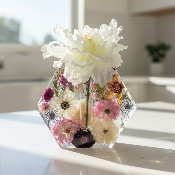 Square photo of a premade pressed flower resin bud vase with single stem for flower preservation gifts