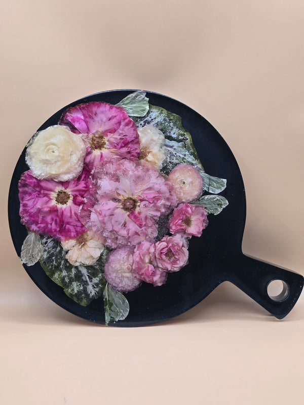 Premade 13-inch preserved flower charcuterie board with handle. Round serving board with pressed blooms in crystal-clear resin. Ready-to-ship floral gift.