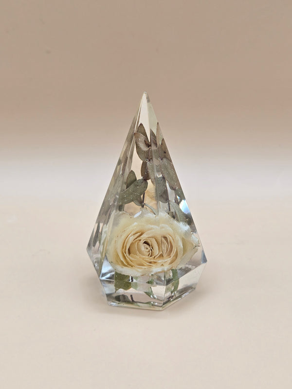 Premade faceted preserved flower ring holder in crystal-clear, UV-resistant resin. Ready-to-ship ring stand and preserved flower gift.