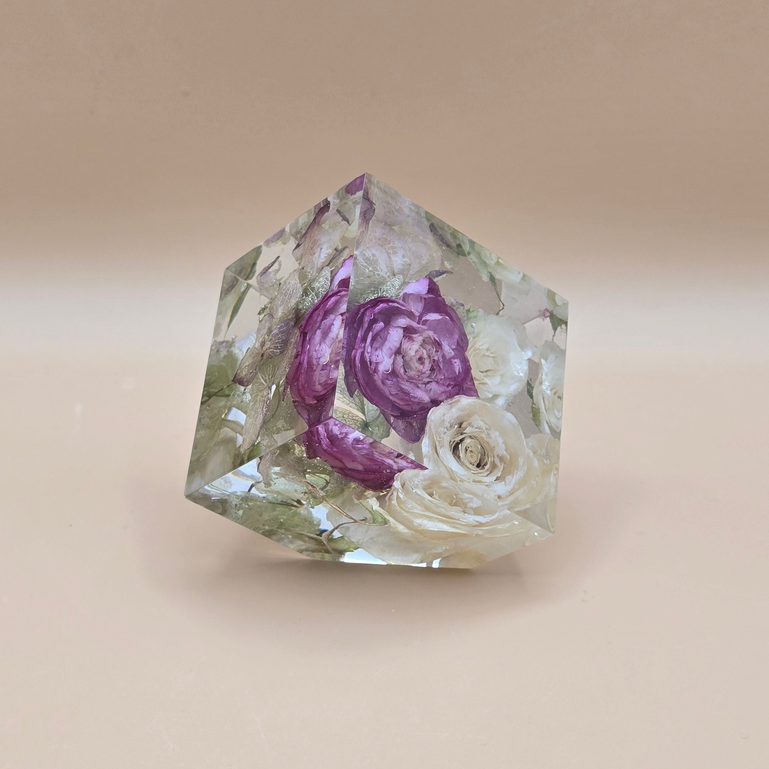 Premade 3-inch preserved pink and white floral cube in crystal-clear resin. Ready-to-ship 3D floral keepsake and preserved flower gift for weddings, anniversaries, and memorials.