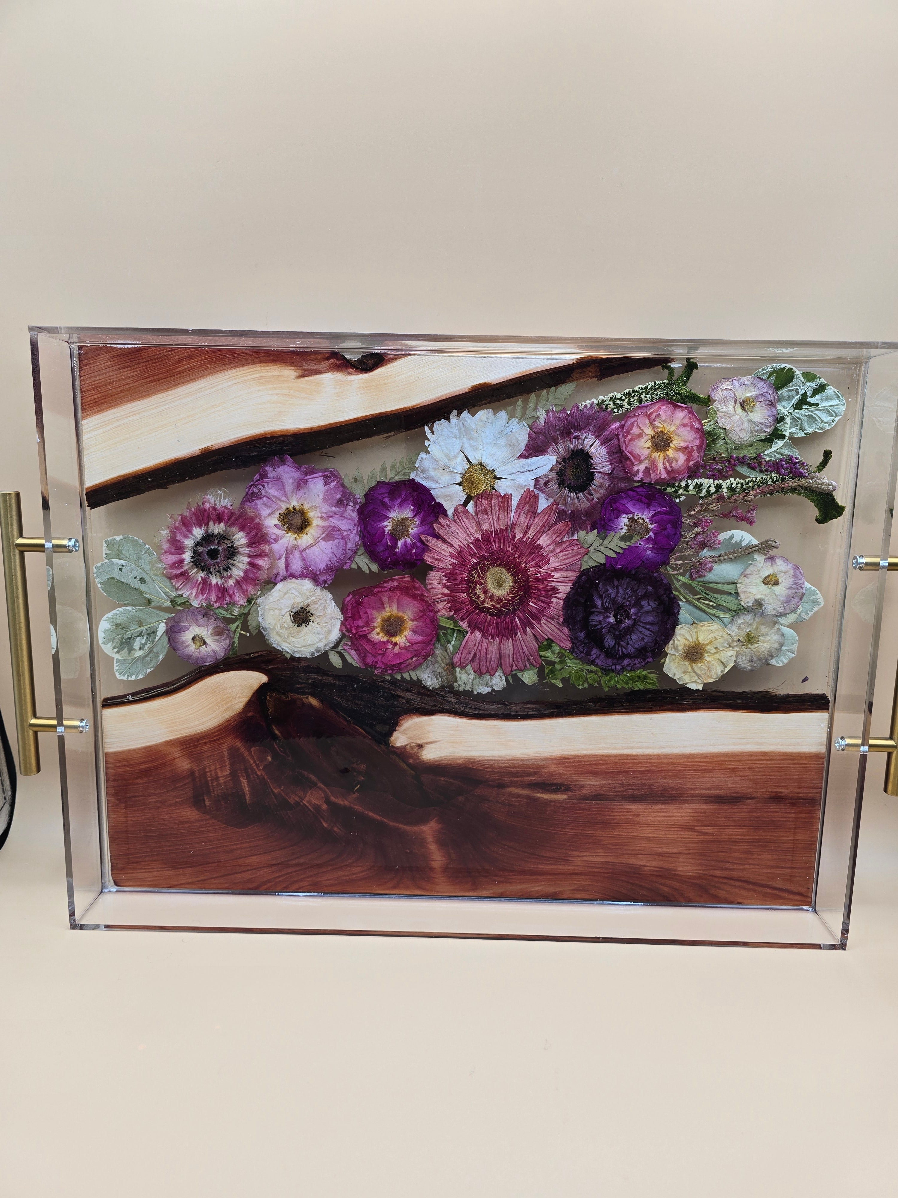 Premade preserved flower charcuterie tray with wood and crystal-clear resin, pressed blooms, and engraved vow text. Ready-to-ship serving tray gift.