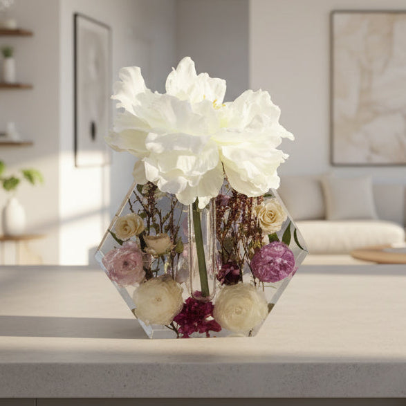 clear resin vase with white spray rose, pink ranunculus and preserved flowers as a bud vase on a counter