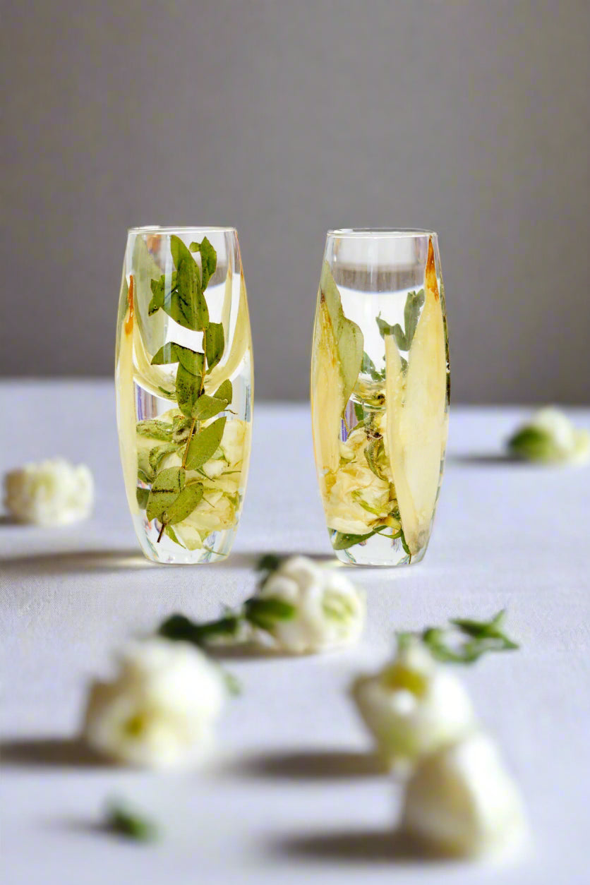 flower preservation white bouquet shot glasses